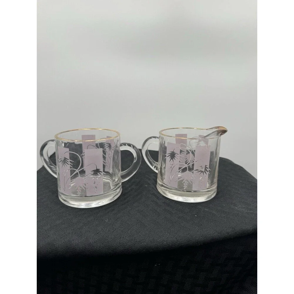 Vintage Clear Frosted  Purple Sugar Bowl and Creamer Set Gold Trim